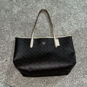 Coach Purse tote chocolate brown and gold/cream shimmery straps.